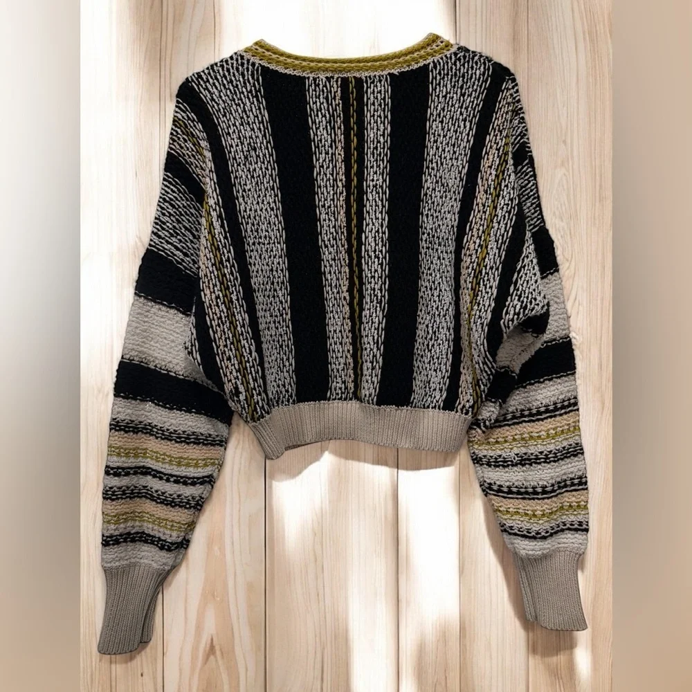 Free People Black, Gray & Olive Striped Cropped Crew Sweater
